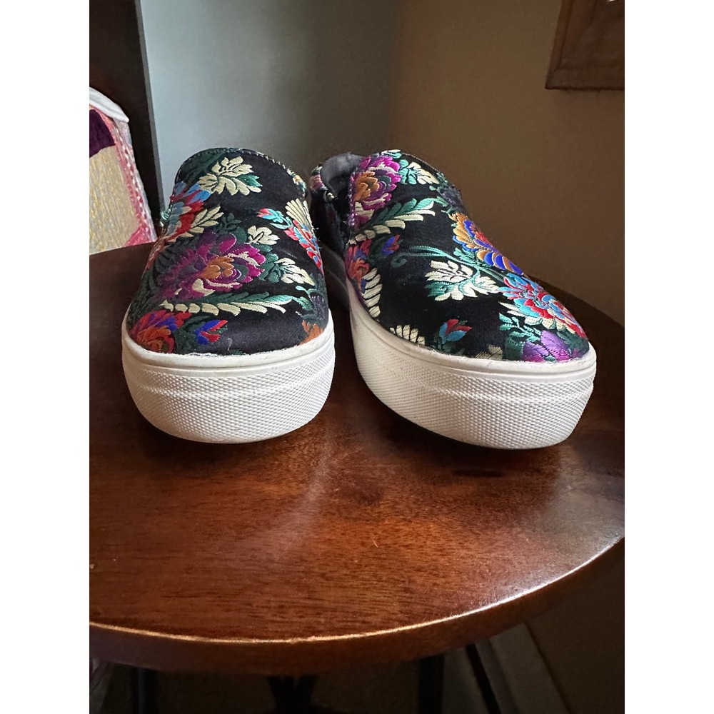 Brash Womens Floral Embroidered Brocade Slip On Platform Sneakers Black Multi 7 - Picture 3 of 8